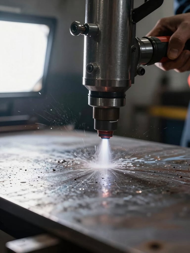 Extreme close-up side view of a waterjet cutting head firing a focused stream into a thick steel plate, bright studio light from the left, water and abrasive particles visible mid-cut, dark industrial background, sharp technical framing
