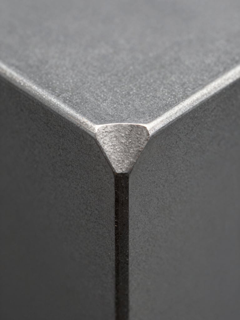 Extreme close-up macro shot of a freshly waterjet-cut edge in stainless steel, bright north-facing studio light raking across the surface, the separation line razor-clean with zero chipping or heat discoloration, matte grey metal texture filling the frame