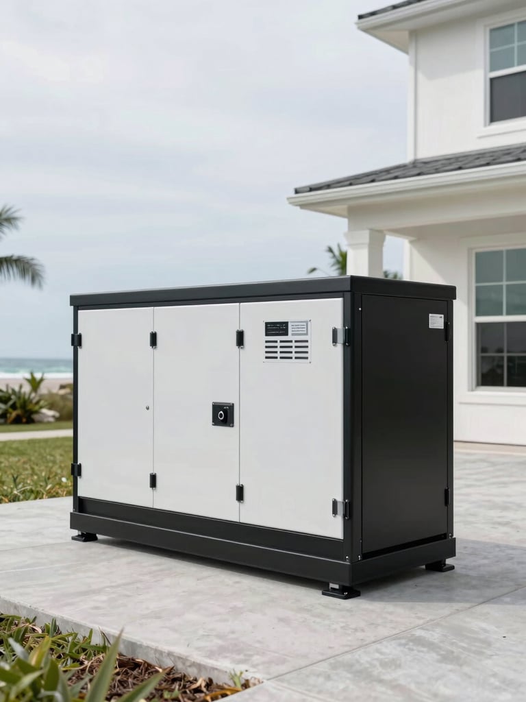 Crisp industrial photography of a heavy-duty standby generator neatly installed on a raised concrete pad beside a modern coastal Florida home, bright overcast daylight, sharp focus.