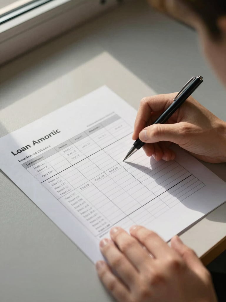 Overhead shot of a printed loan amortisation schedule on a desk, a person's hands holding a pen mid-annotation, natural north-facing window light casting soft even shadows, warm-gray desk surface, no screens visible