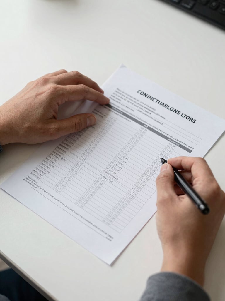 Overhead view of a person's hands reviewing a printed loan statement on a clean white desk, natural north-facing daylight, columns of numbers clearly visible, a pen resting beside the document