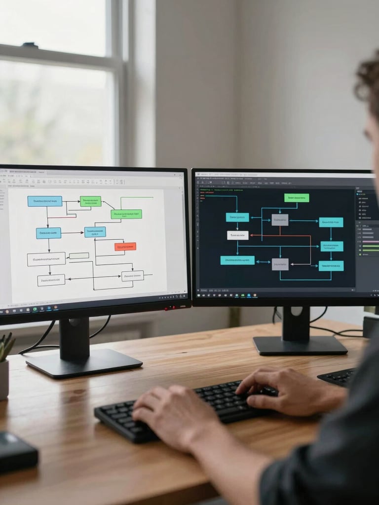 Wide shot of a desk workspace showing two monitors displaying data flow diagrams and automation pipeline interfaces, hands resting on a keyboard in the foreground, daylight from a side window casting clean neutral light on the screens, no people visible from the shoulders up