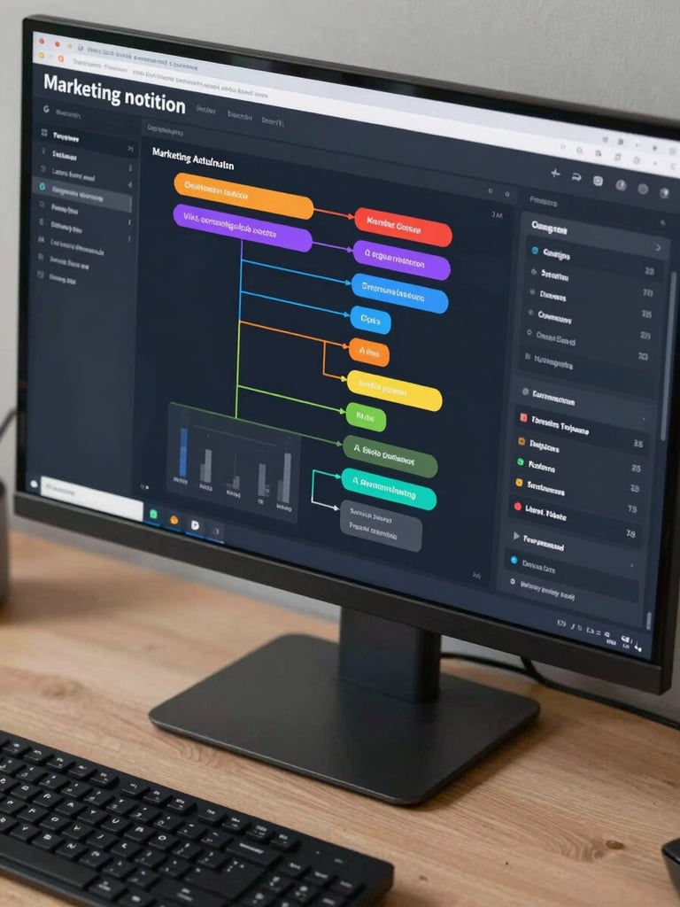 Close-up overhead view of a live marketing automation dashboard on a wide monitor, colorful flow diagrams and conversion metrics visible on screen, keyboard and mouse at the bottom edge, clean studio lighting, no people