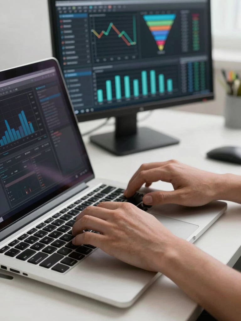 Close-up of hands typing on a laptop keyboard, a secondary monitor behind showing a live analytics dashboard with bar charts and funnel metrics, clean studio lighting, no people visible above the wrists, stark white desk surface