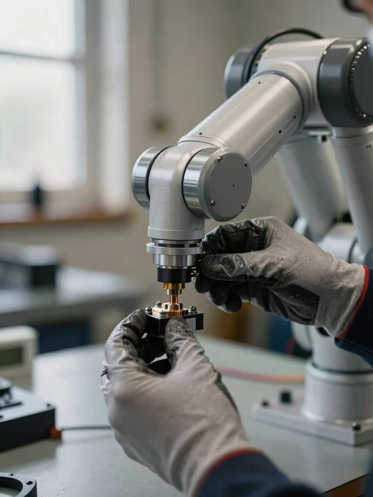 Extreme close-up of a technician's gloved hand adjusting a sensor mount on a robotic joint, bright workshop daylight from a side window, sharp mechanical detail of bolts and wiring harness visible, industrial bench surface in soft background focus