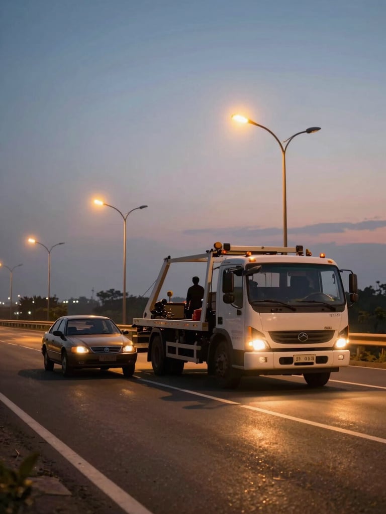 Wide shot of a tow truck arriving on an empty highway at dusk, amber streetlights casting long warm streaks on the asphalt, a working-class sedan pulled to the shoulder, driver standing beside it in silhouette, open sky above, documentary framing