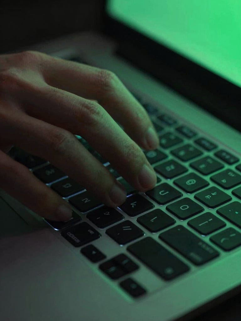 Hands interacting with a sleek, dark-mode laptop keyboard, illuminated by a subtle electric-green glow from the screen, macro lens detail.