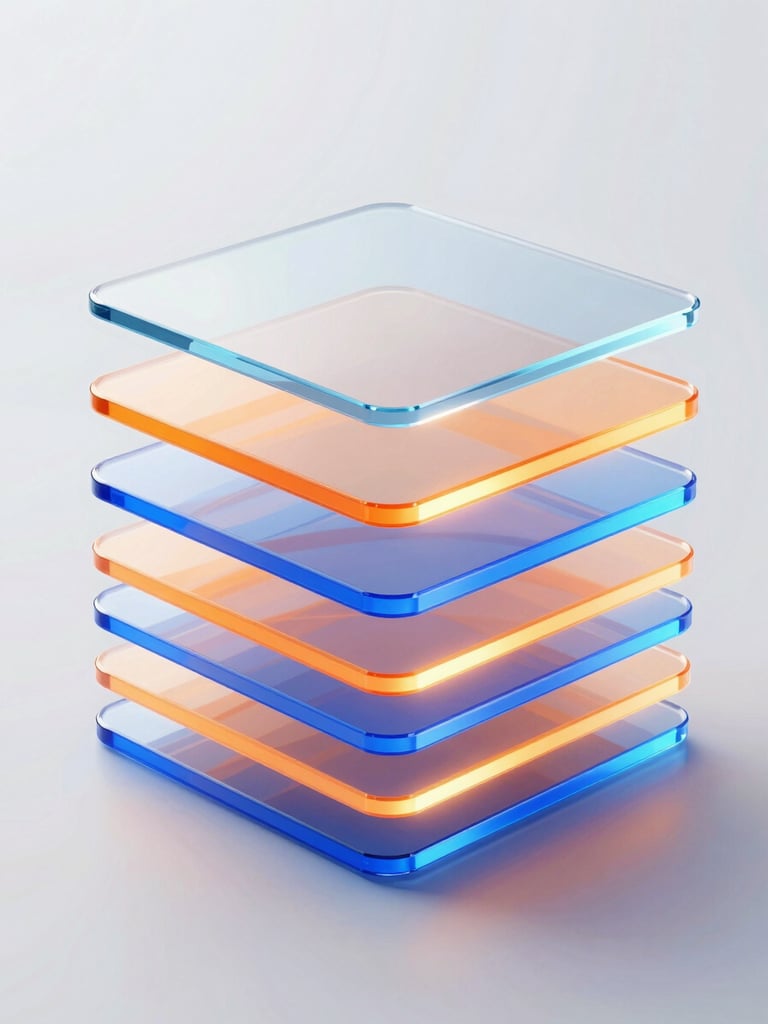 Sleek 3D render of abstract glass layers with glowing orange and blue light paths, clean geometric shapes representing data flow, octane render, high-contrast digital studio lighting
