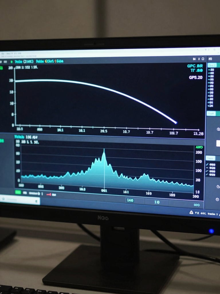 Close-up of a telemetry operations dashboard on a high-resolution monitor, flight path trace and altitude graph visible, GPS coordinates overlaid, high-contrast interface with electric blue data lines on dark background, no people, shot straight-on in a dim mission control environment