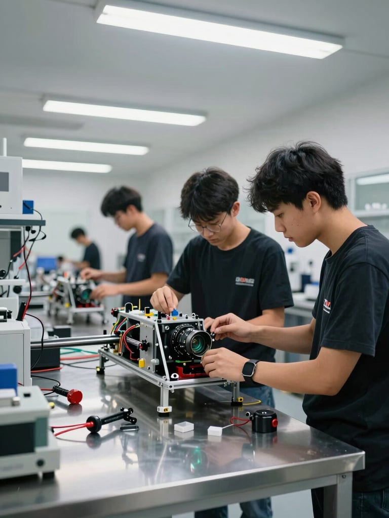 Wide-angle laboratory interior, engineering students integrating sensor payload into a flight chassis on a stainless steel workbench, crisp overhead fluorescent lighting, precision tools and wiring harnesses visible, clean ISO documentation framing