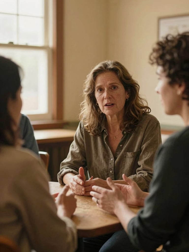 Close-up medium shot inside a warmly lit community room, three women of different ages mid-conversation around a small table, hands gesturing, natural window light from the left, documentary candid framing, warm golden tones, no posed smiling