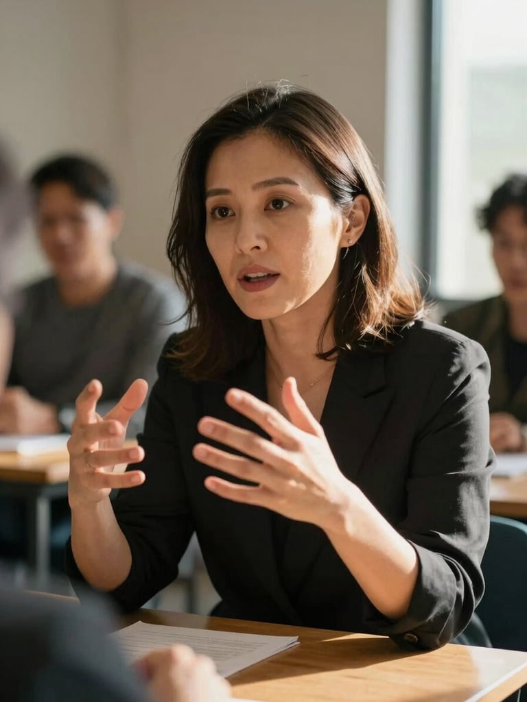 Close-up medium shot of a woman in her late 30s gesturing expressively with both hands mid-sentence, seated at a wooden table, natural window light from the right casting soft shadows, other participants visible as soft blur in background, real meeting room setting, warm golden afternoon tone