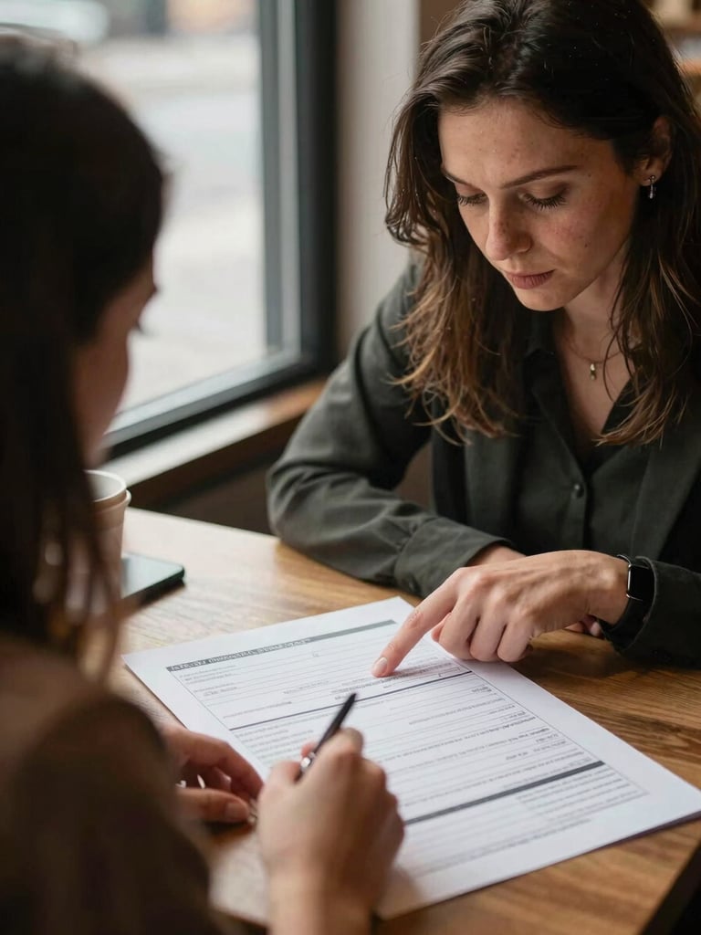 Close-up documentary shot, two women reviewing a printed intake form together at a cafe table, window light from the left casting soft shadows, one woman pointing at a line on the page, both leaning in, warm tones, natural setting