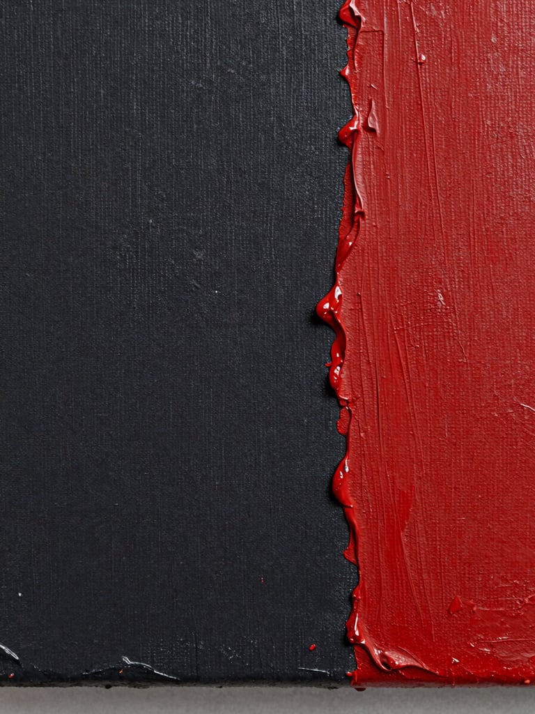 Dead-on orthogonal macro shot of a heavily textured mixed-media painting, thick impasto ridges of deep charcoal and vivid cadmium red pigment under neutral gallery lighting, visible canvas weave.