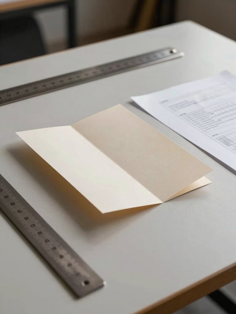 Close-up of a flat studio work surface — a folded paper specimen, a metal rule, and a printed proof sheet arranged with deliberate spacing, lit by even overhead studio strobes, no hands, no warmth, tight editorial crop