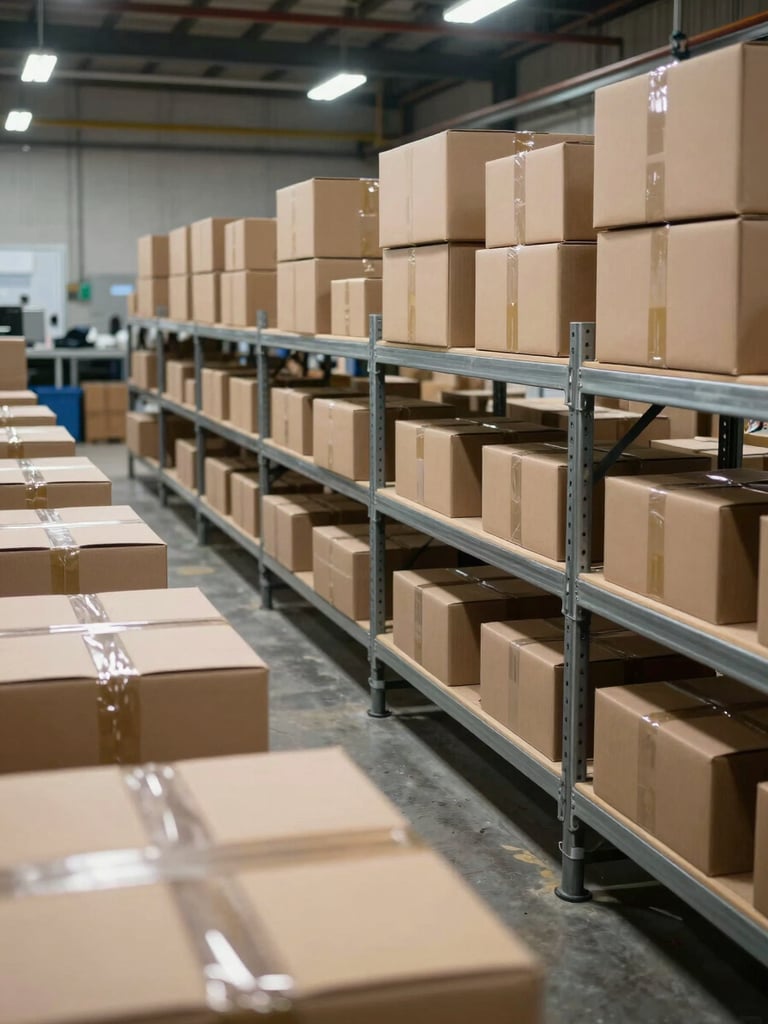 Wide shot of a well-organised packaging production floor, rows of flat-packed cardboard boxes and rolls of protective wrap on metal shelving, diffused overhead industrial lighting, honest factory environment, no people