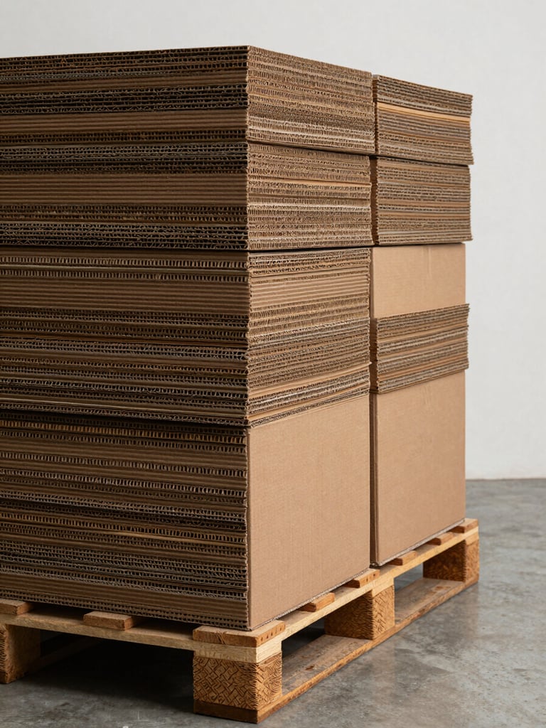 Close-up side view of a neat stack of corrugated cardboard boxes on a pallet inside a warehouse, even diffused studio lighting, neutral concrete floor visible, clean industrial environment, no people
