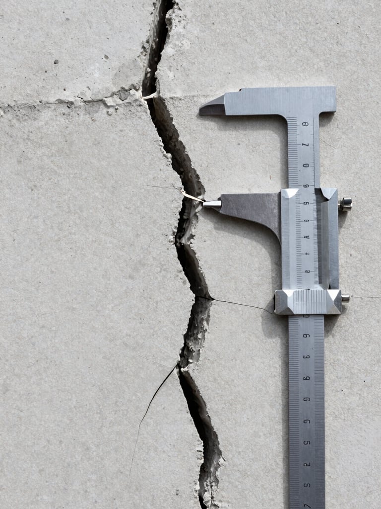 Macro close-up under neutral high-clarity daylight of a structural crack in a light grey concrete wall, with a metal crack width gauge ruler placed next to it for precise measurement.
