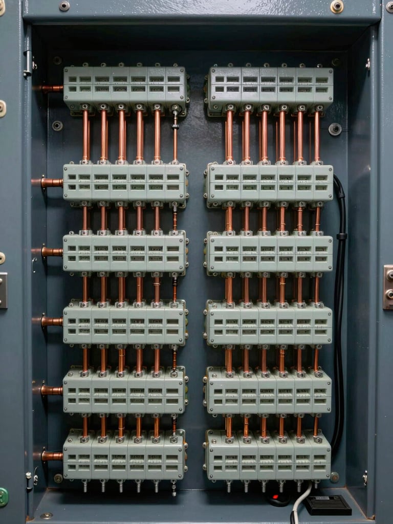 Close-up interior of a finished industrial control panel, dense relay banks and terminal strips under even studio strobe light, copper bus bars and cable ferules in sharp focus, deep blue-grey housing visible at edges