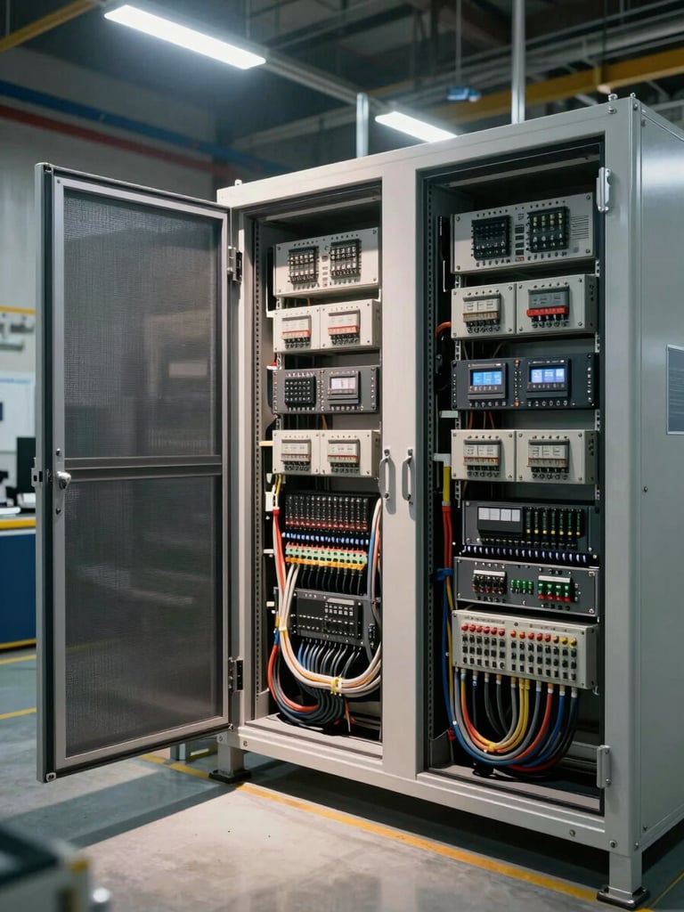 Wide environmental shot inside a completed industrial automation installation, full panel bay with open doors showing PLC racks and I/O modules, overhead strobe lighting casting sharp shadows on cable management, facility floor visible below