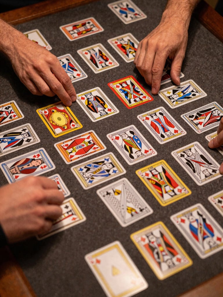 Close overhead shot of trading cards spread across a game table mid-play, two sets of hands reaching in to arrange a play, under honest tungsten indoor light, no faces visible, focus on the cards and the table surface