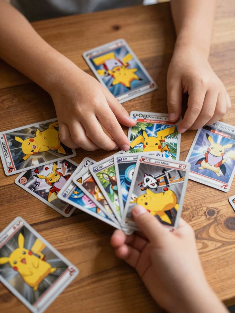 Close-up overhead shot of a child's hands spreading a fan of Pokémon cards across a wooden table under warm tungsten light, individual card art visible, mid-selection moment, no faces shown