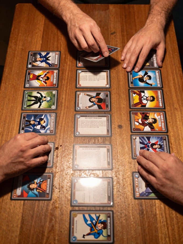 Overhead shot looking straight down at a wooden table mid-game, three distinct trading card game decks spread out side by side, hands partially in frame reaching for cards, honest indoor tungsten light casting slight warmth, cards face-up showing vivid artwork