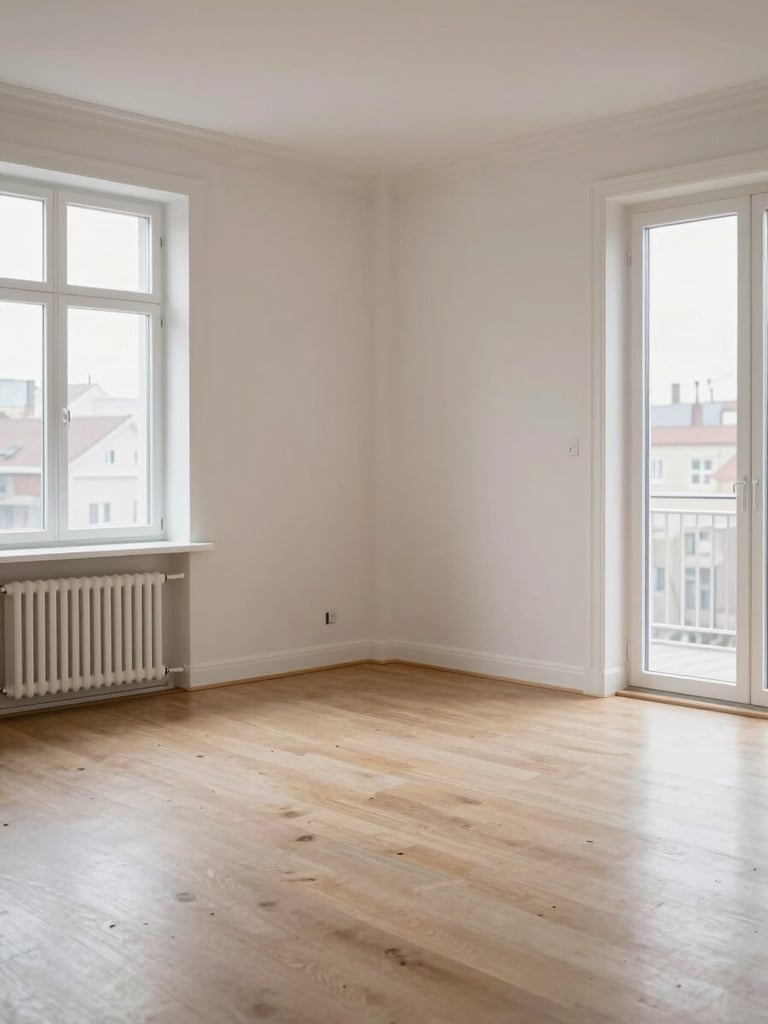 Wide portrait framing of a clean, bright Swedish apartment living room after move-out cleaning — bare walls, scrubbed skirting boards, spotless floor under neutral daylight from large windows, no furniture, no staging
