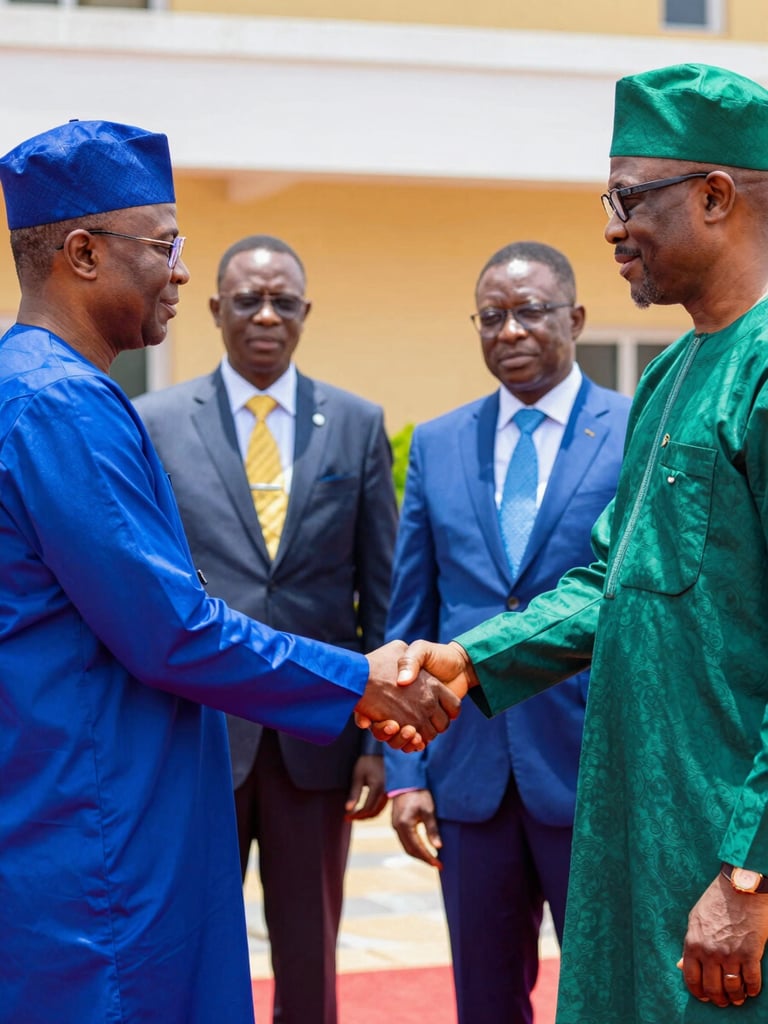 A formal partnership signing ceremony in Abuja, professional Nigerian leaders in sharp business attire shaking hands, royal blue and emerald green accents, bright natural daylight, editorial documentary style