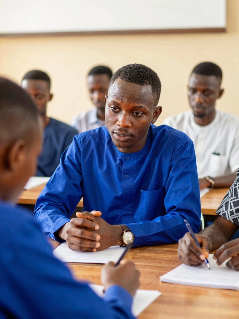 A focused youth leadership workshop in Abuja, young Nigerian professionals collaborating around a wooden table, bright natural daylight, shallow depth of field, 35mm