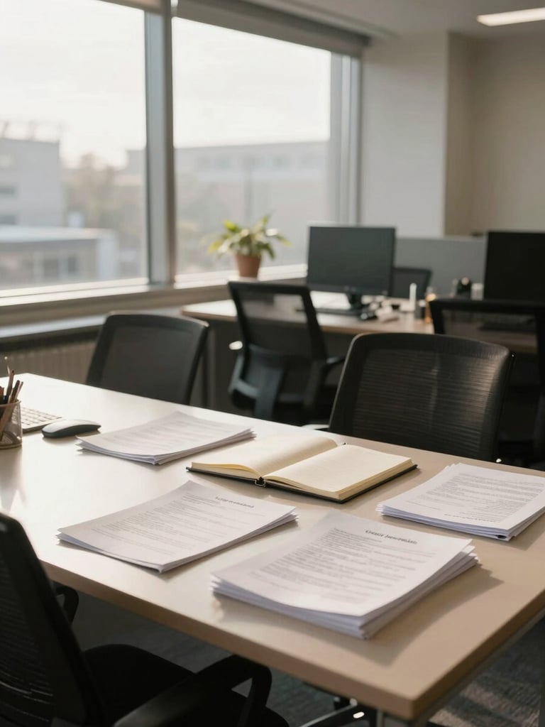 Wide shot of a calm, ordered financial consultancy office interior — natural daylight from large windows, a clean desk with neatly arranged documents and a notepad, empty chairs facing each other, warm morning light casting soft shadows across a tidy workspace