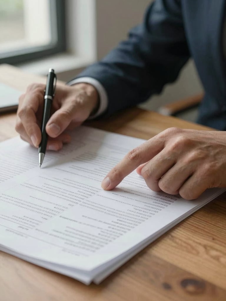 Close-up of two hands on a wooden desk reviewing printed financial documents — a finger pointing at a line item, natural window light from the left, a pen resting nearby, calm and methodical atmosphere