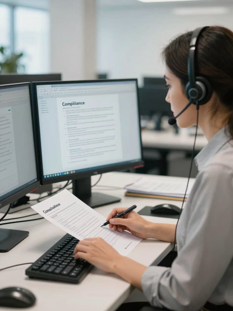 Close medium shot of a call center agent at a dual-monitor workstation reviewing a compliance document, hands visible on keyboard, even bright office lighting, Bella Vista office environment visible in soft background, documentary framing