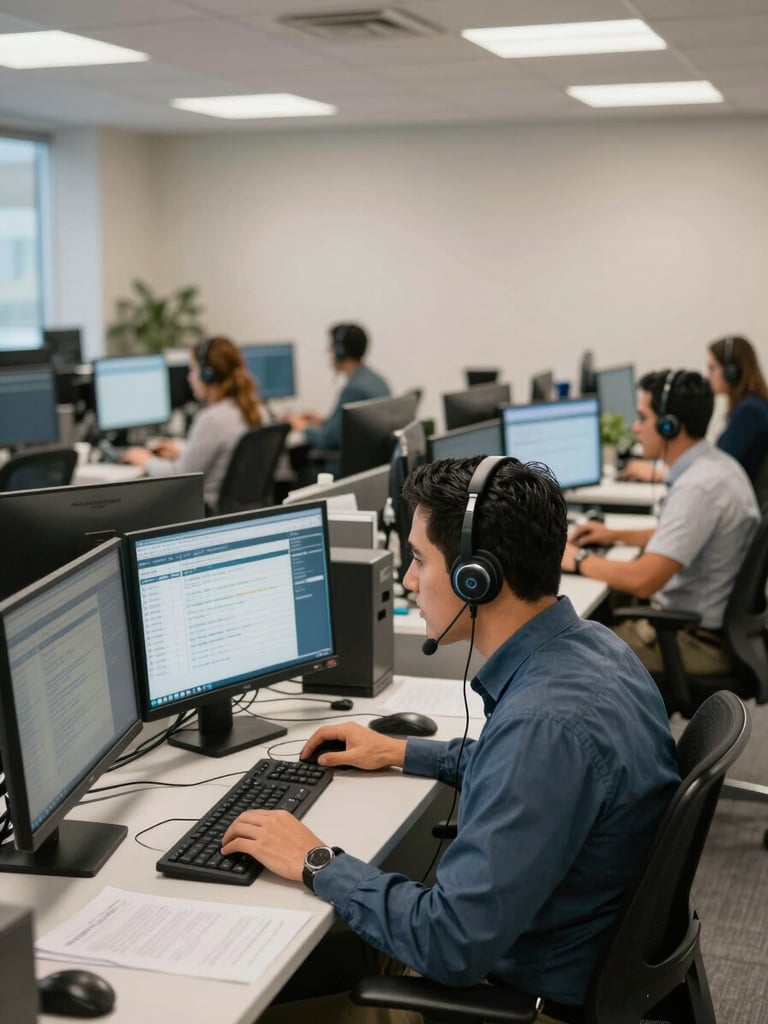 Wide shot of an active call center operations floor in Panama, agents wearing headsets at workstations with dual monitors showing data dashboards, bright even office lighting, medium environmental framing, no staged smiles