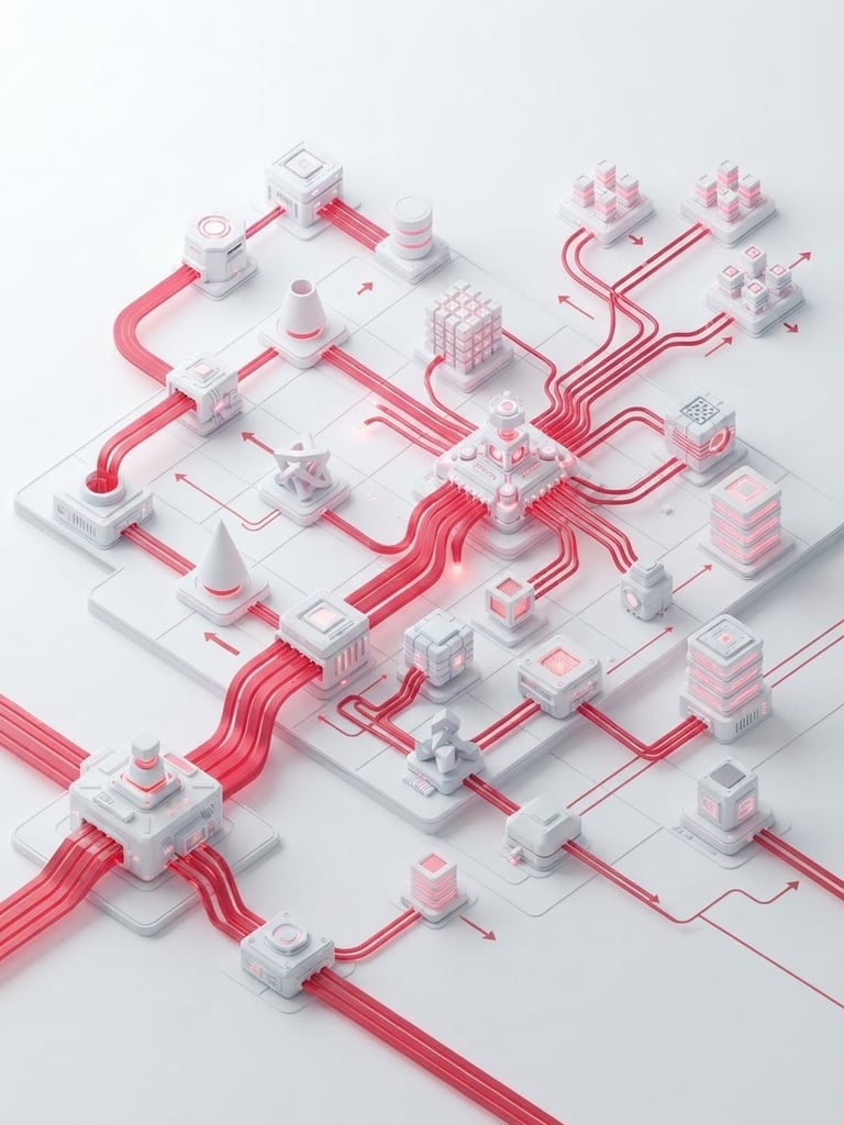 Abstract technical isometric schematic of secure enterprise data pipeline, showing precise geometric nodes and crimson data flows on soft white background, high-key studio lighting, octane render.
