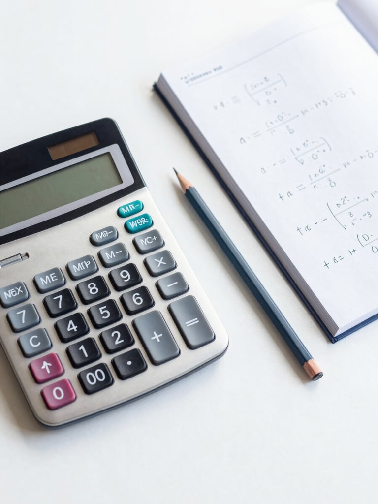Overhead flat-lay of neatly organized study materials, a sleek calculator, a sharp pencil, and a notebook showing clean calculus equations, bright natural daylight, 35mm