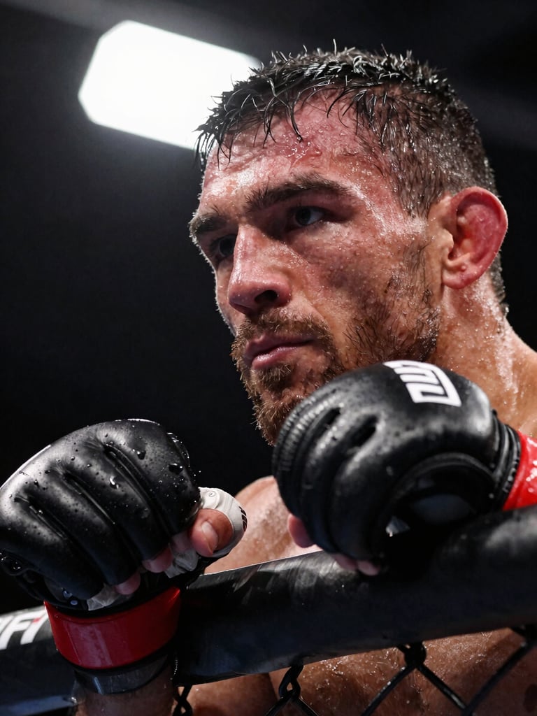 Tight close-up of a UFC fighter's face in the ring corner between rounds, sweat catching the harsh overhead ring lights, eyes locked in concentration, gloves resting on the ropes, red corner padding visible at the edge of frame