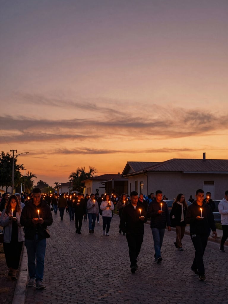 Wide panoramic shot of a religious outdoor procession at golden hour, hundreds of devotees carrying lit candles through a cobblestone street, warm amber light stretching across the scene, sky deep orange and violet, subject fills the lower third