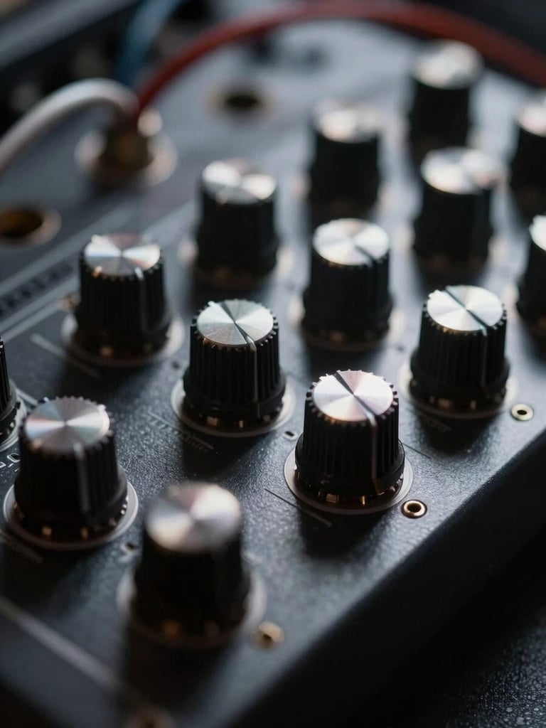 Extreme close-up macro shot of physical modular synthesizer patch cables and metallic dials, stark low-key lighting mimicking vacuum space, deep shadows, bright metallic highlights, clinical aesthetic.