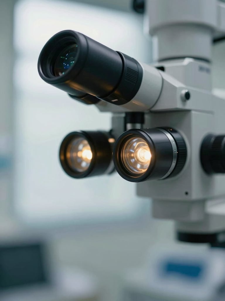 Close-up macro shot of a state-of-the-art ophthalmic surgical microscope lens reflecting warm gold light in a sterile operating room, shallow depth of field, 85mm