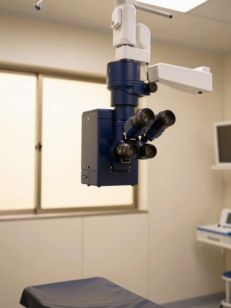 Wide environmental shot of a state-of-the-art modern ophthalmic operating room, pristine sterile conditions, deep navy surgical microscope, soft warm lighting accents, editorial medical photography