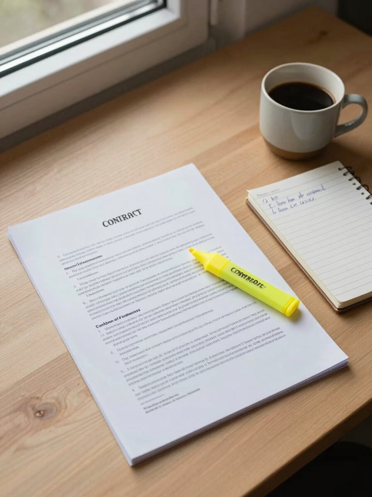 Overhead flat-lay, north-facing window light with soft true shadows: a printed contract document laid open on a pale wood desk, a yellow highlighter resting across one clause mid-page, a small lined notepad with handwritten notes beside it and a ceramic coffee cup at the corner — no people, no screens, no stock-photo staged props