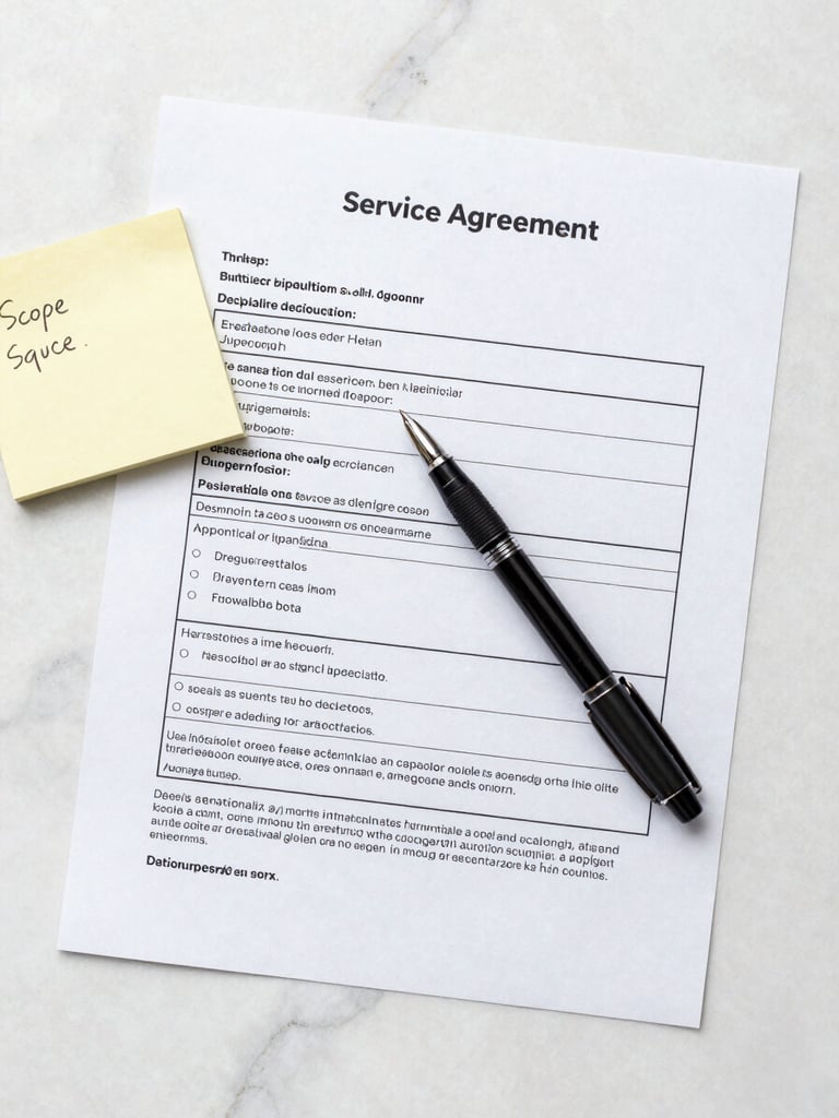 Flat-lay overhead of a service agreement document on a white marble surface, a fine-tip pen resting diagonally across the deliverables section, a small sticky note with handwritten scope notes nearby, soft diffused daylight from the left