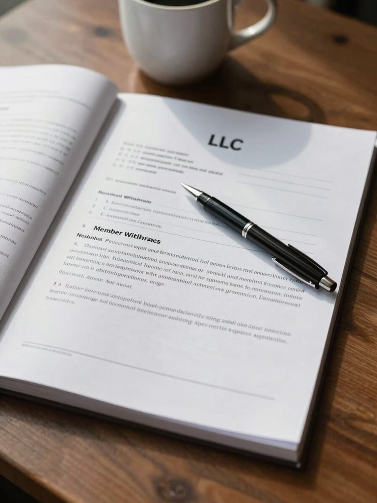 A single LLC operating agreement document open on a small-business wooden desk, pen placed on the member withdrawal section, coffee mug partially visible at the top edge, soft north-facing window light, true shadows across the page