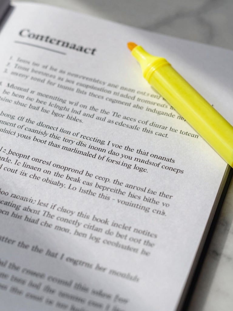 Extreme close-up of a contract page lying flat on a marble surface, margin annotations in pencil visible beside printed clauses, a yellow highlighter uncapped resting diagonally across the page, soft diffused daylight from the left creating true shadows in the paper texture