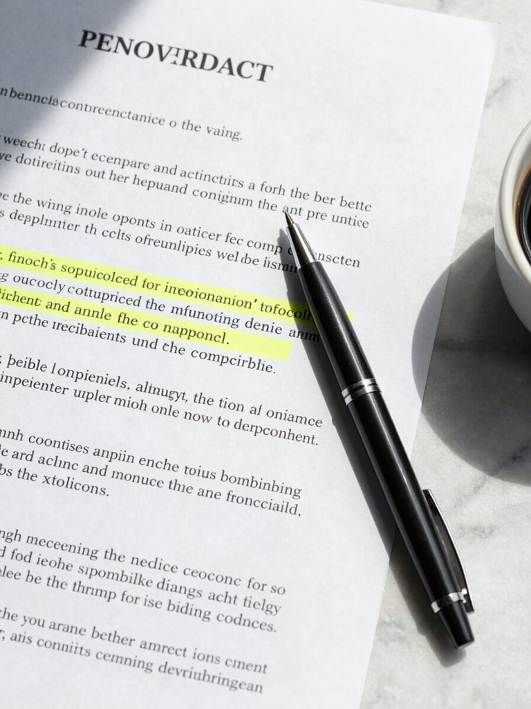 Extreme close-up overhead flat-lay of a printed freelance contract on a light marble surface, several clauses highlighted in soft yellow, a ballpoint pen resting diagonally across the page, north-facing daylight with real shadows, partial coffee cup visible at the far right edge