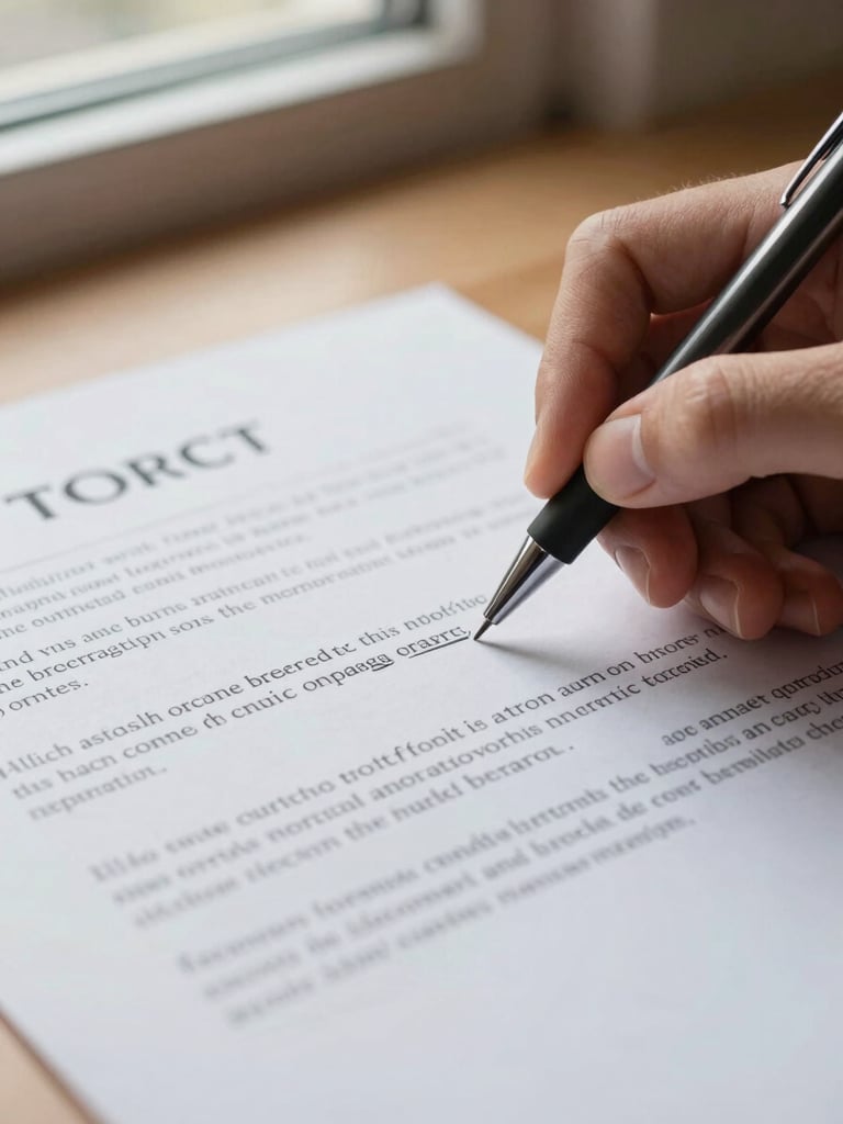 Close-up of a hand using a pen to underline a specific clause on a printed contract page, the surrounding text slightly out of focus, natural north-facing window light casting a soft shadow from the pen onto the document, small-business desk setting with a plain wood surface visible at the edge