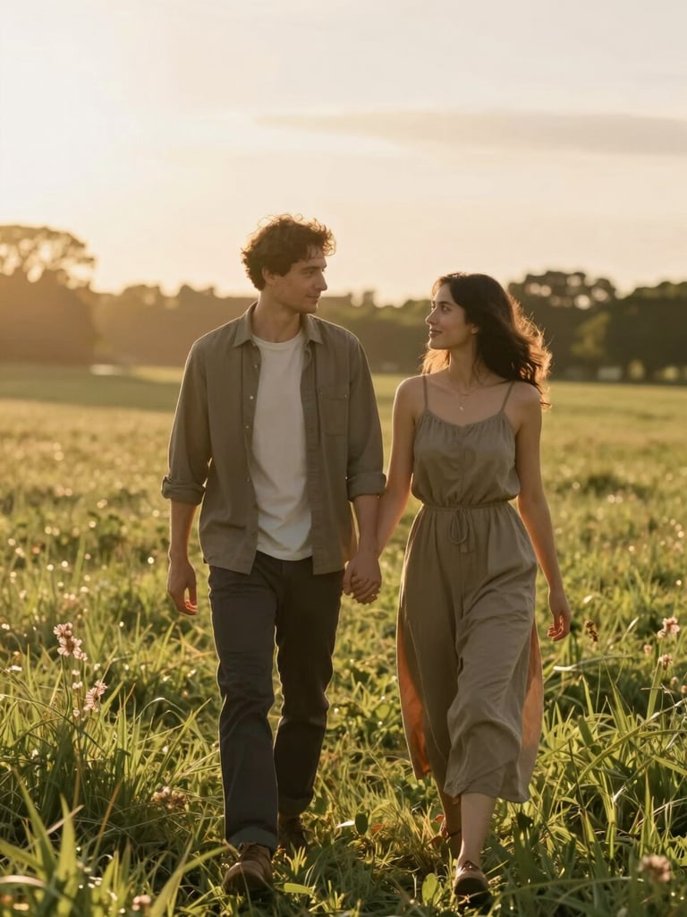 Cinematic portrait of a couple walking in a sun-drenched meadow, warm golden hour backlighting, soft lens flare, 16:9 frame style.