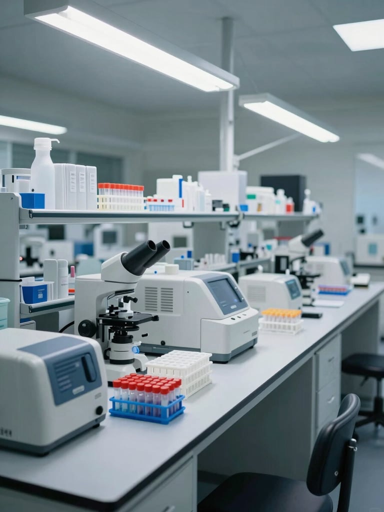 Wide environmental shot of an organized clinical laboratory workspace, overhead fluorescent lighting, rows of labeled sample racks and analytical instruments, no people visible, ordered and precise