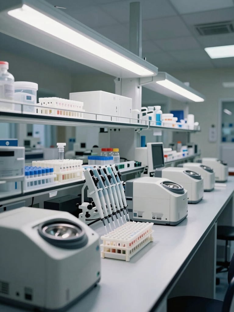Wide environmental shot of an organized clinical laboratory workspace — orderly rows of sample racks, centrifuges, and pipette stations under bright controlled overhead lighting, no personnel visible, shot from a low angle emphasizing grid-like bench layout